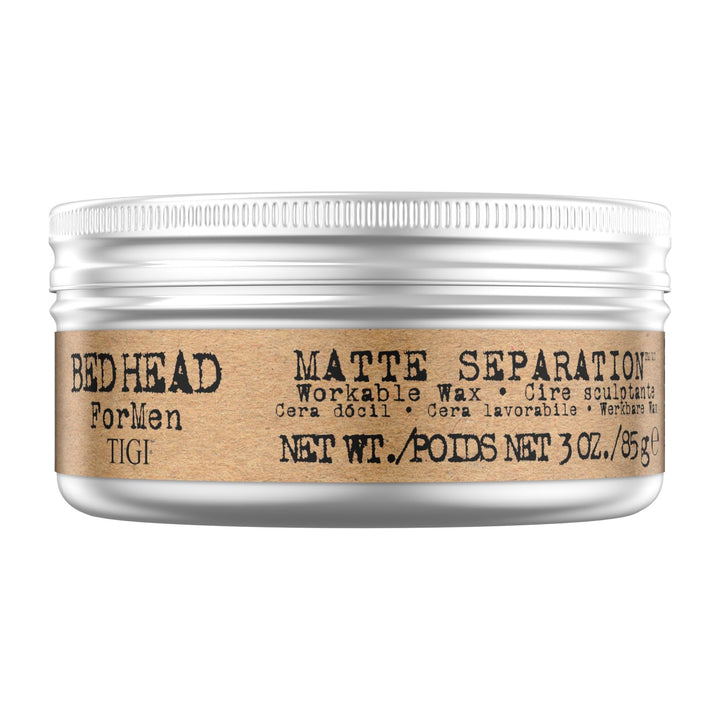 TIGI Bed Head front packaging showing matte wax, offers firm hold and texture