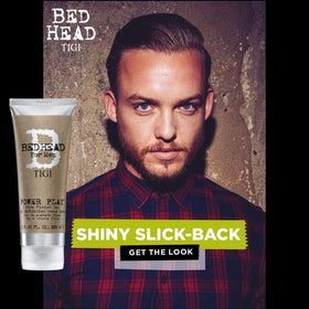 TIGI Bed Head men gel next to measuring bottle showing 6.76 fl oz size