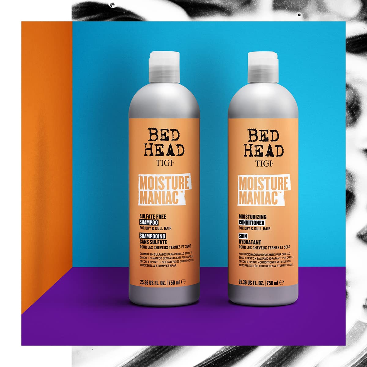 TIGI Bed Head bottles next to a ruler showing 25.36 fl oz scale