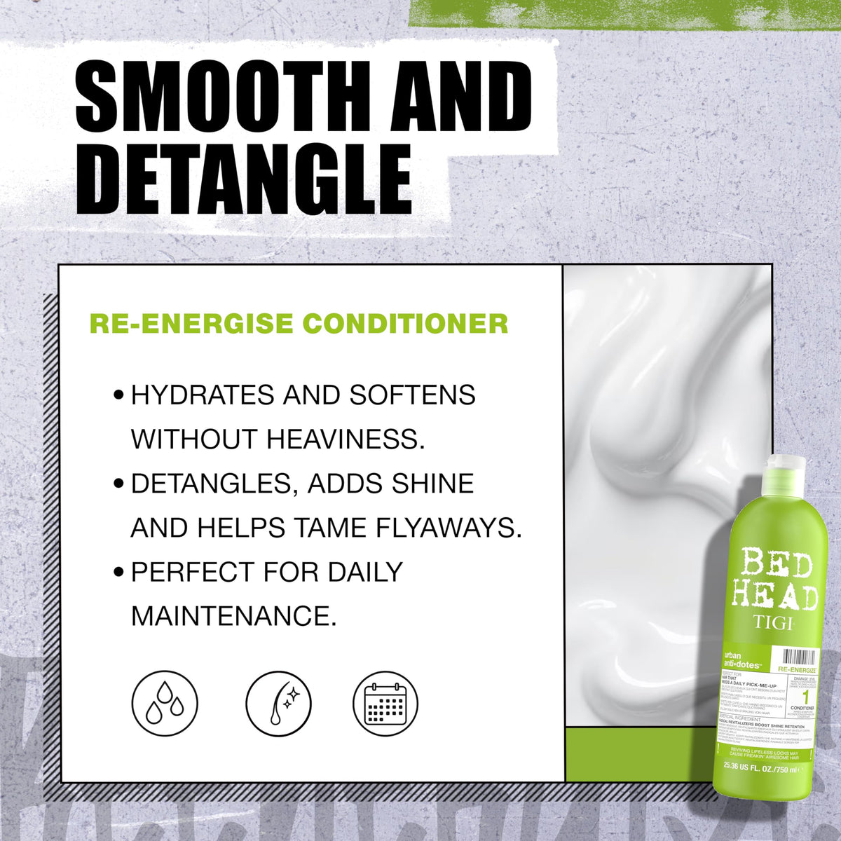 TIGI Bed Head bottles next to hand showing 25.36 fl oz scale