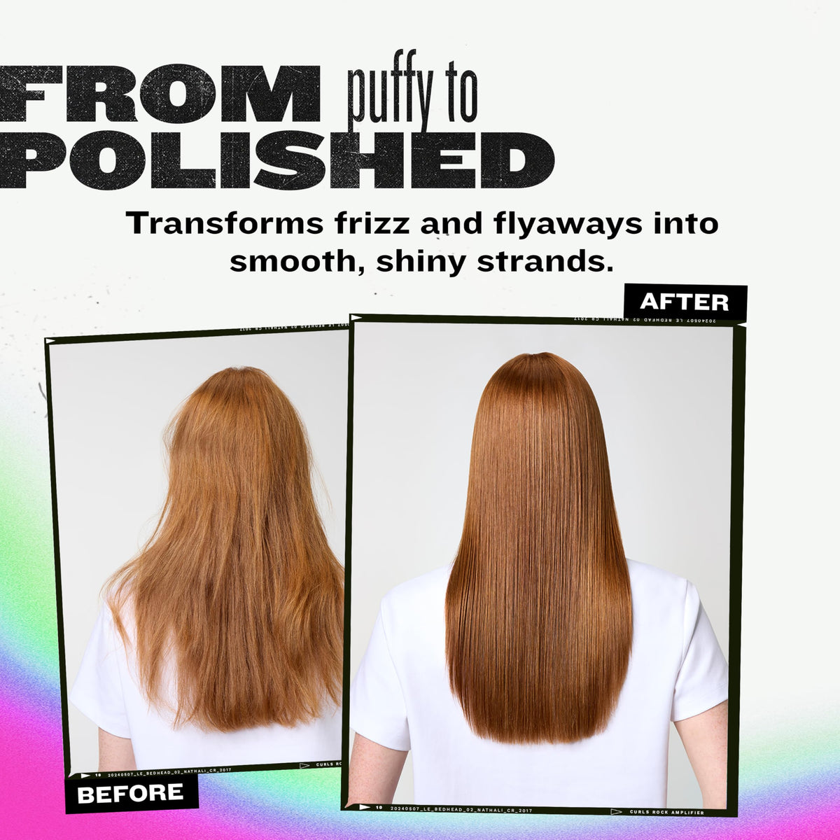TIGI Bed Head before and after straight hair comparison showing reduced frizz and enhanced shine