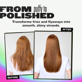 TIGI Bed Head before and after straight hair comparison showing reduced frizz and enhanced shine