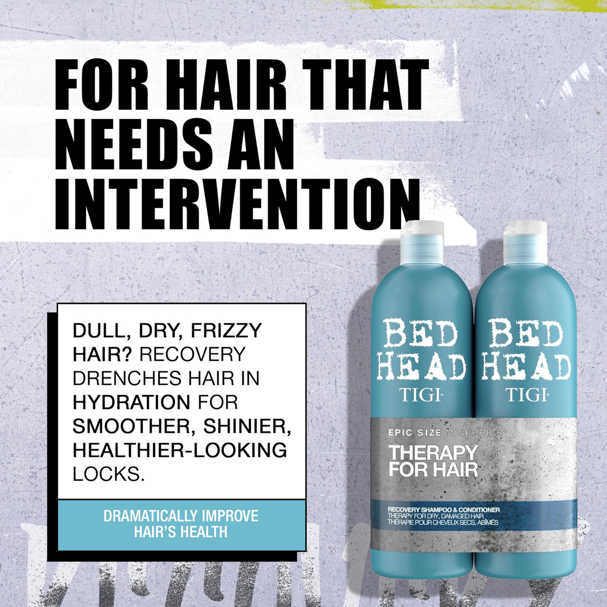 TIGI Bed Head label closeup highlighting product name and benefits