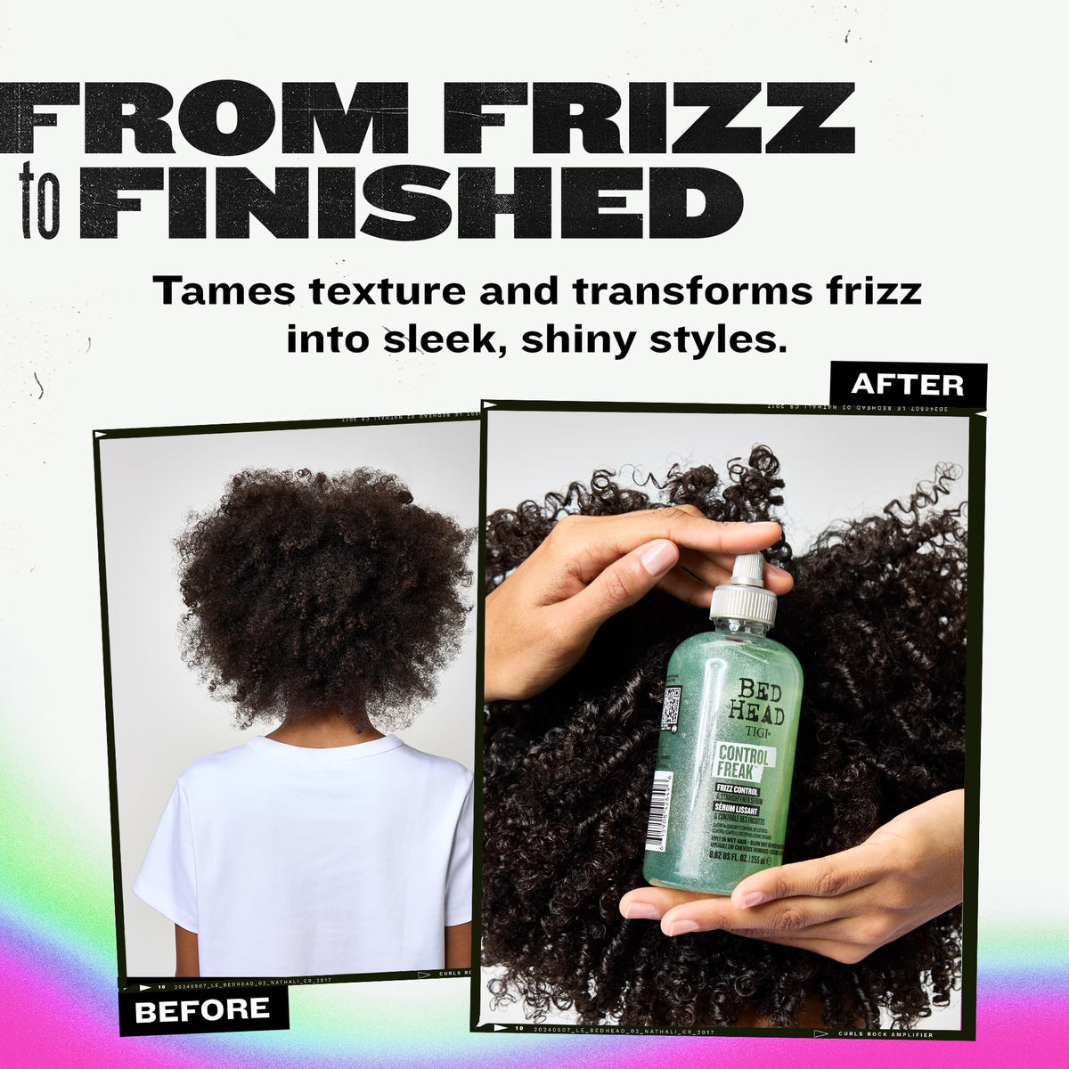 TIGI Bed Head before and after comparison showing reduced frizz and added shine