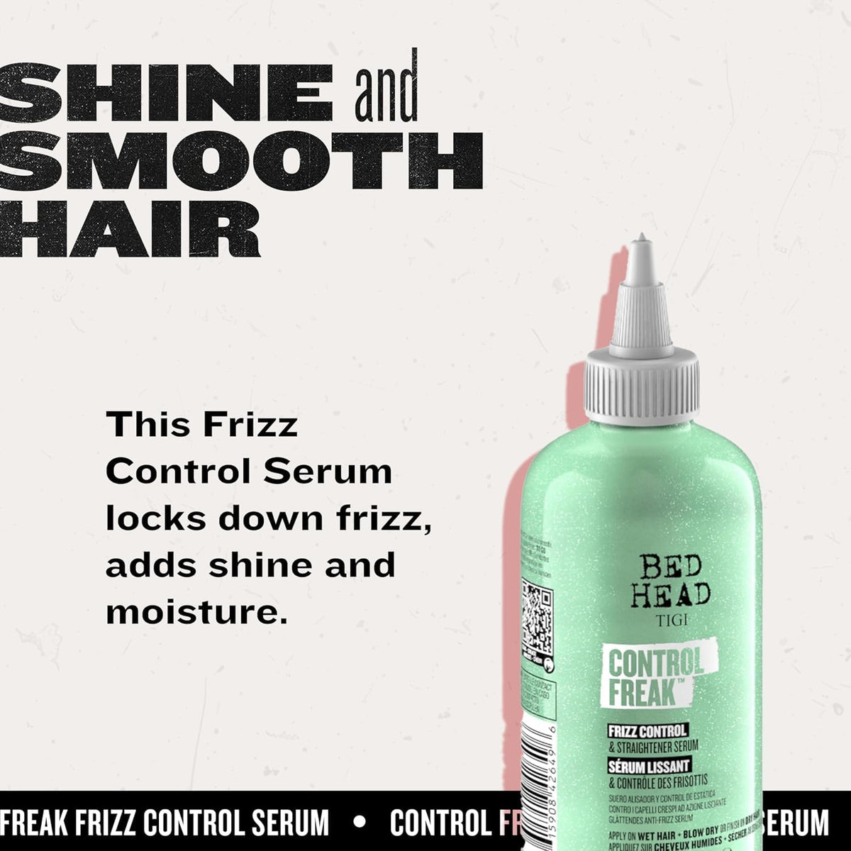 TIGI applying serum to hair mid-lengths demonstrating smoother, frizz-reduced finish