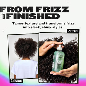 TIGI before and after comparison showing reduced frizz and increased shine