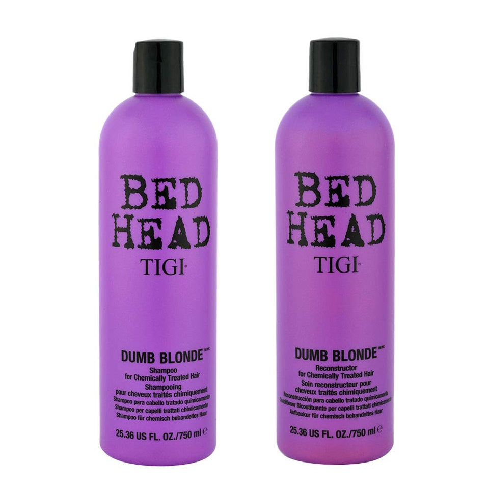 TIGI Dumb Blonde duo front packaging shows product sizes and brightening benefit
