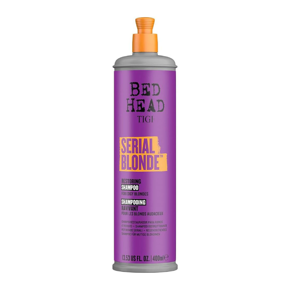 TIGI Serial Blonde front bottle showing packaging and benefit of targeted blonde repair