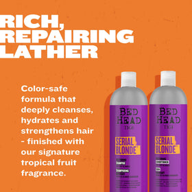 TIGI label detail showing key ingredients for rebuilding blonde hair