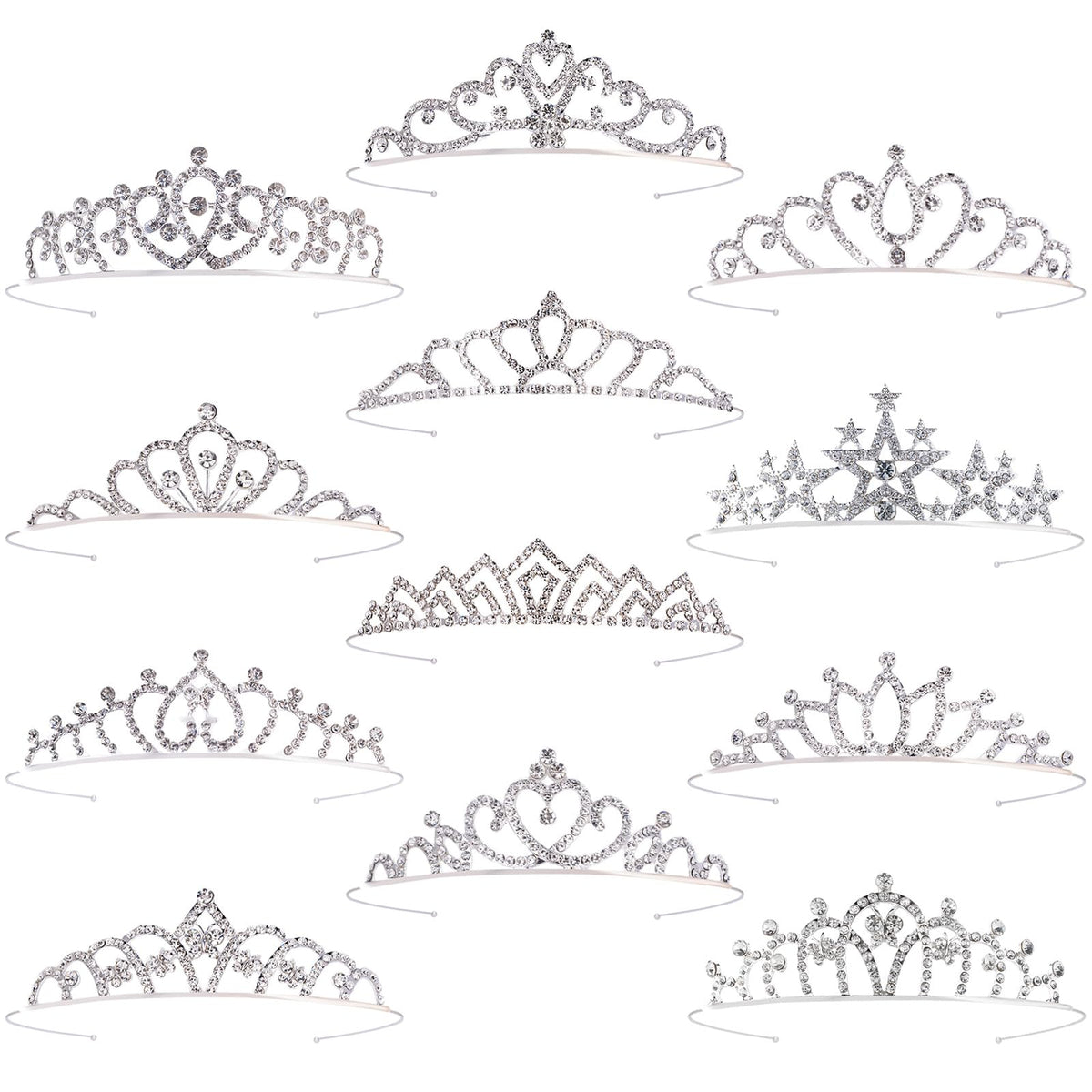 Tihebax front view of 12-piece silver tiara set showing variety and gifting appeal