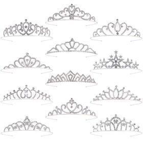 Tihebax front view of 12-piece silver tiara set showing variety and gifting appeal