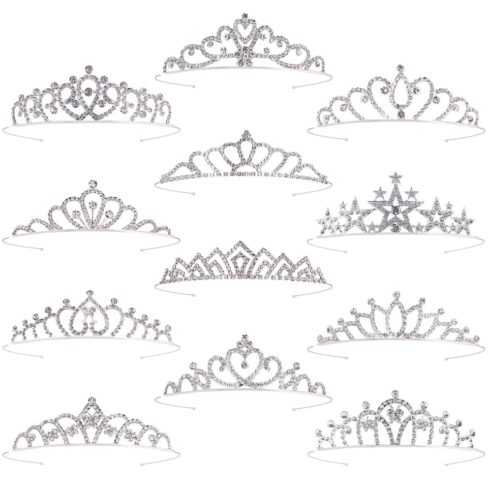Tihebax front view of 12-piece silver tiara set showing variety and gifting appeal