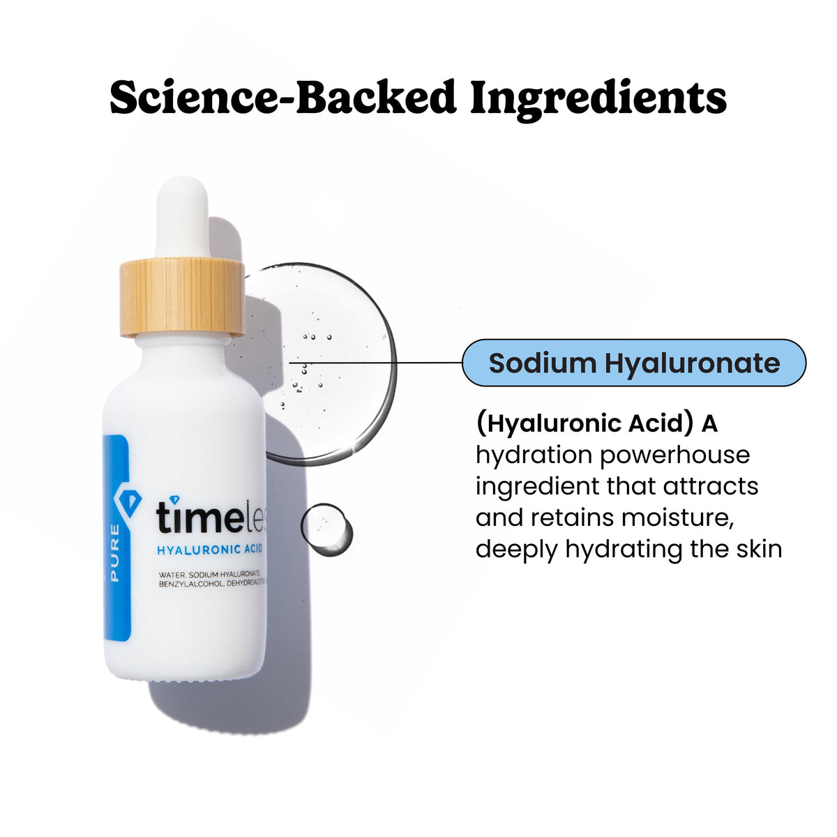 Timeless Skin Care dropper dispensing clear serum highlighting smooth texture