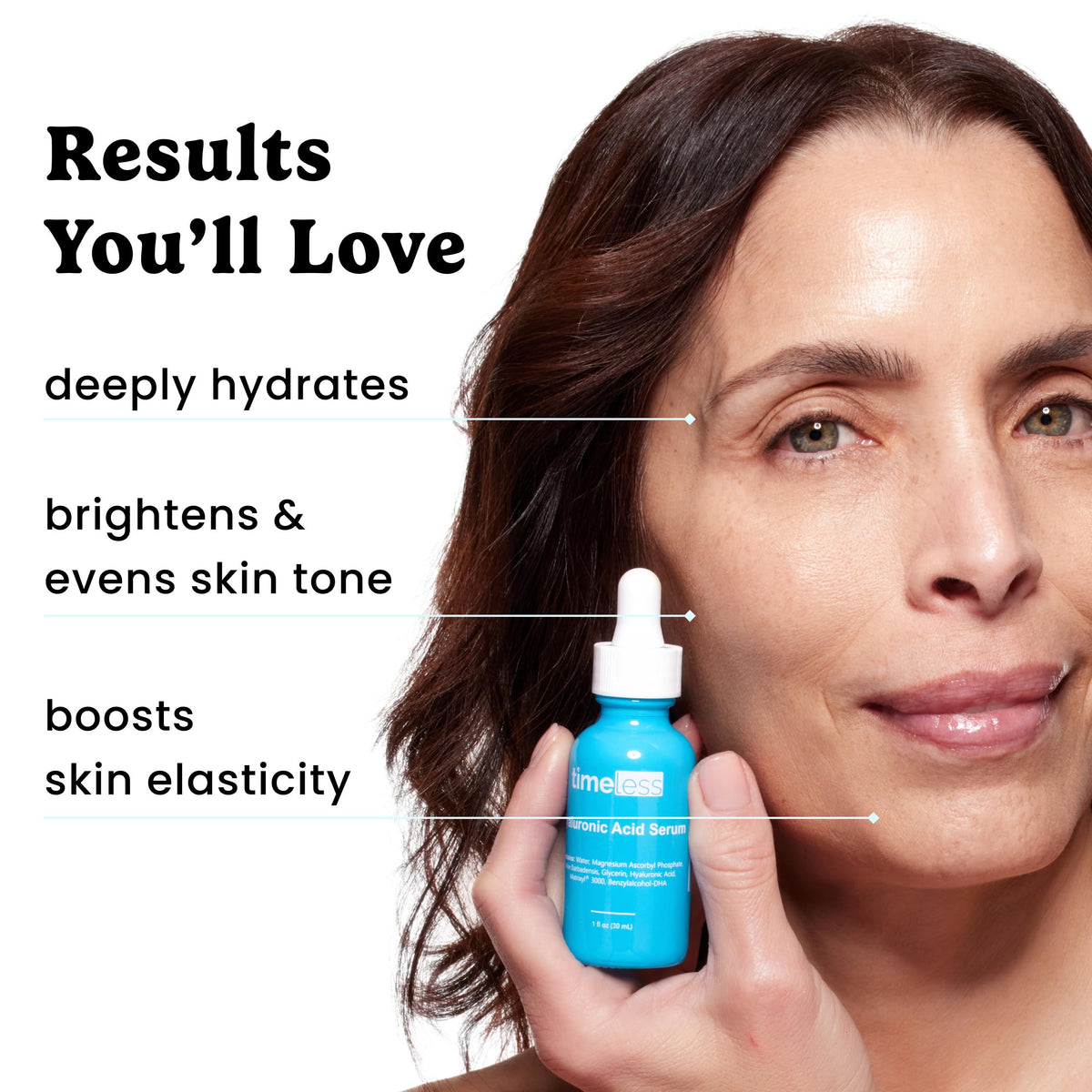 Timeless Skin Care ingredient label close-up highlighting vitamin C and Matrixyl 3000 benefit: transparency