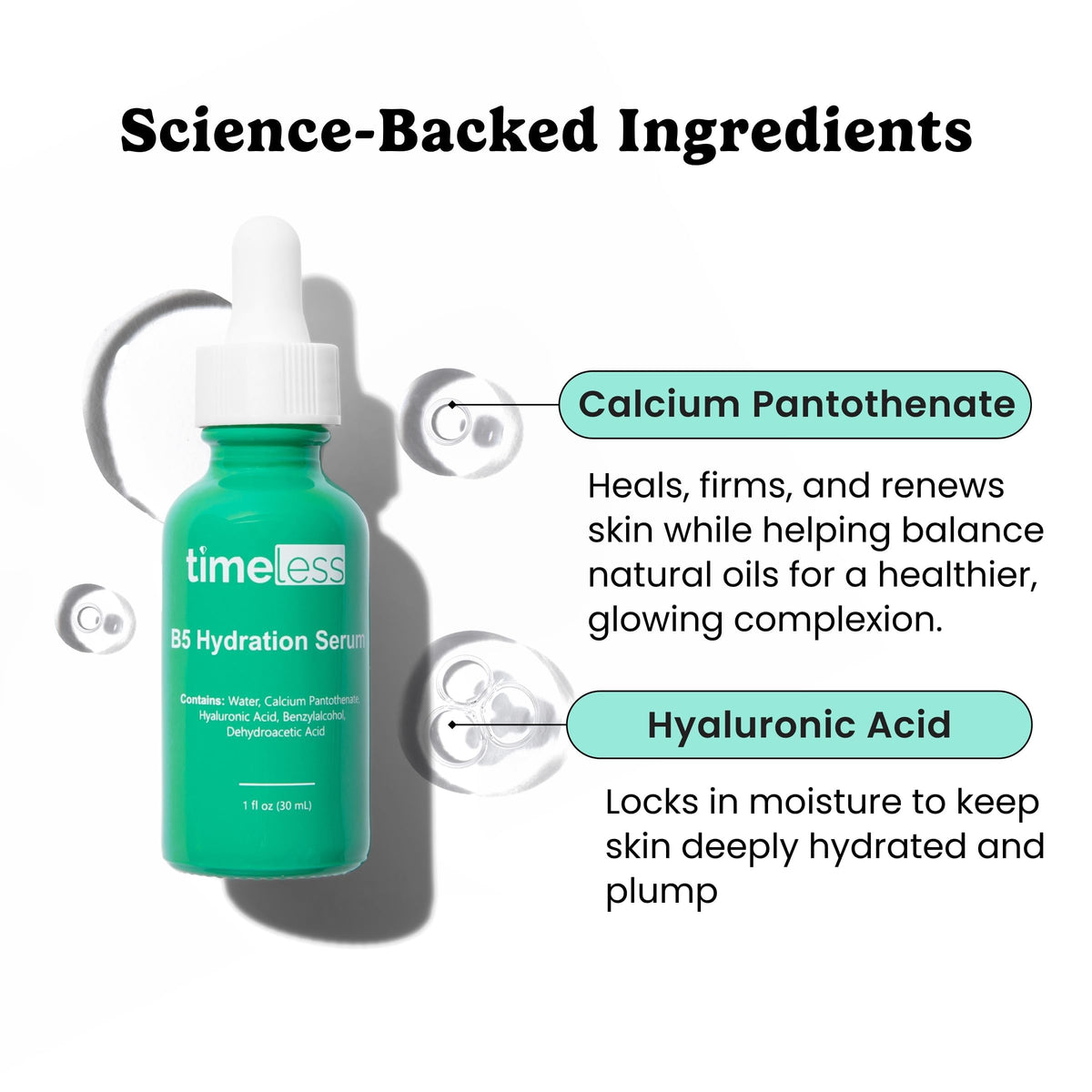 Timeless Skin Care dropper releasing clear serum demonstrating lightweight hyaluronic texture and easy dosing