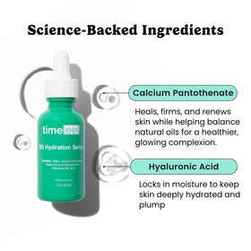Timeless Skin Care dropper releasing clear serum demonstrating lightweight hyaluronic texture and easy dosing