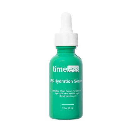 Timeless Skin Care front packaging showing the 1 oz vitamin B5 serum and branding benefits