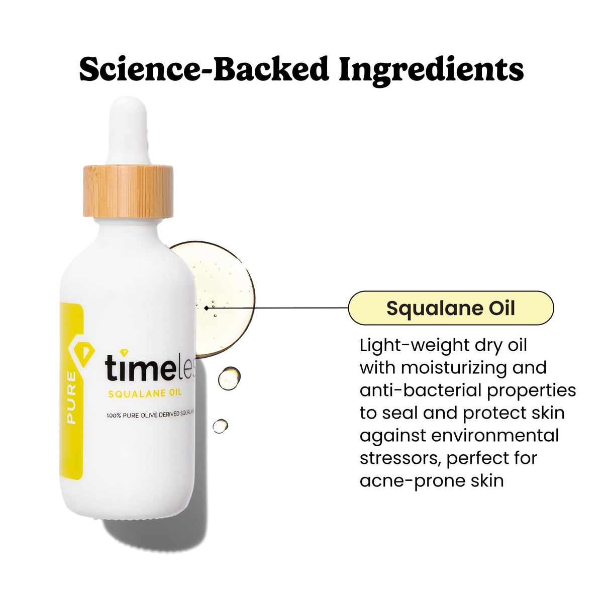 Timeless Skin Care dropper dispensing squalane oil showing precise application and minimal waste
