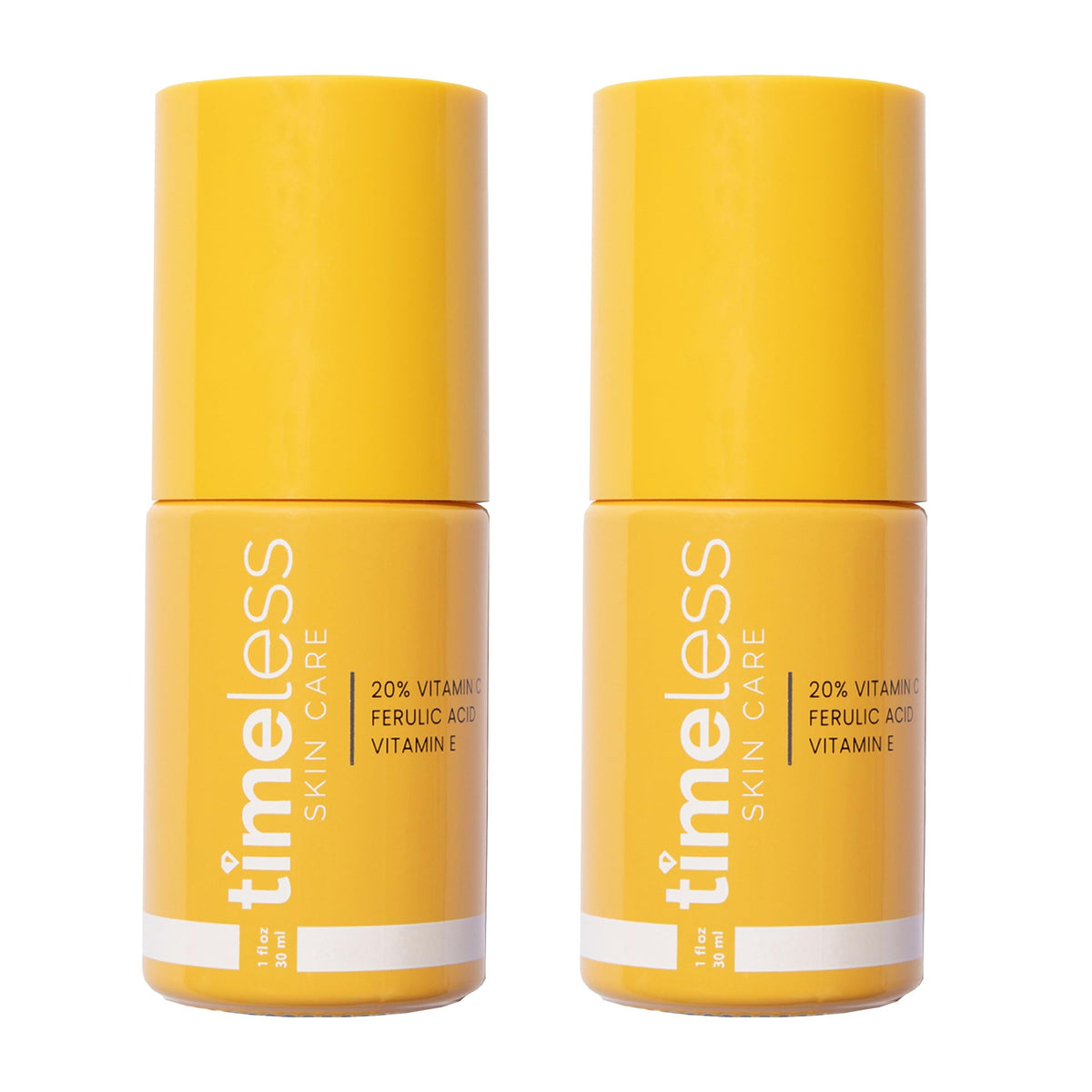 Timeless Skin Care front packaging showing 20% vitamin C potency and benefits