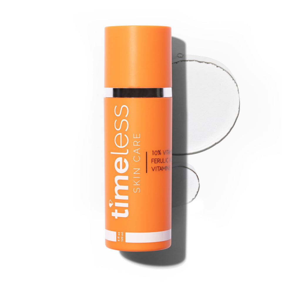 Timeless Skin Care front bottle view showing clean packaging and benefit of brightness