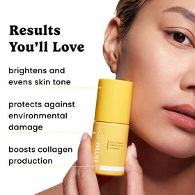 Timeless serum held in hand showing 1.7 oz scale and travel-friendly size