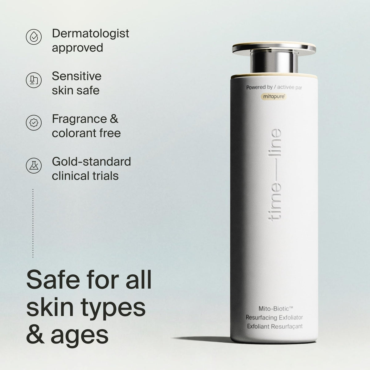 Timeline Mitopure applied to clean face, demonstrates gentle resurfacing benefit