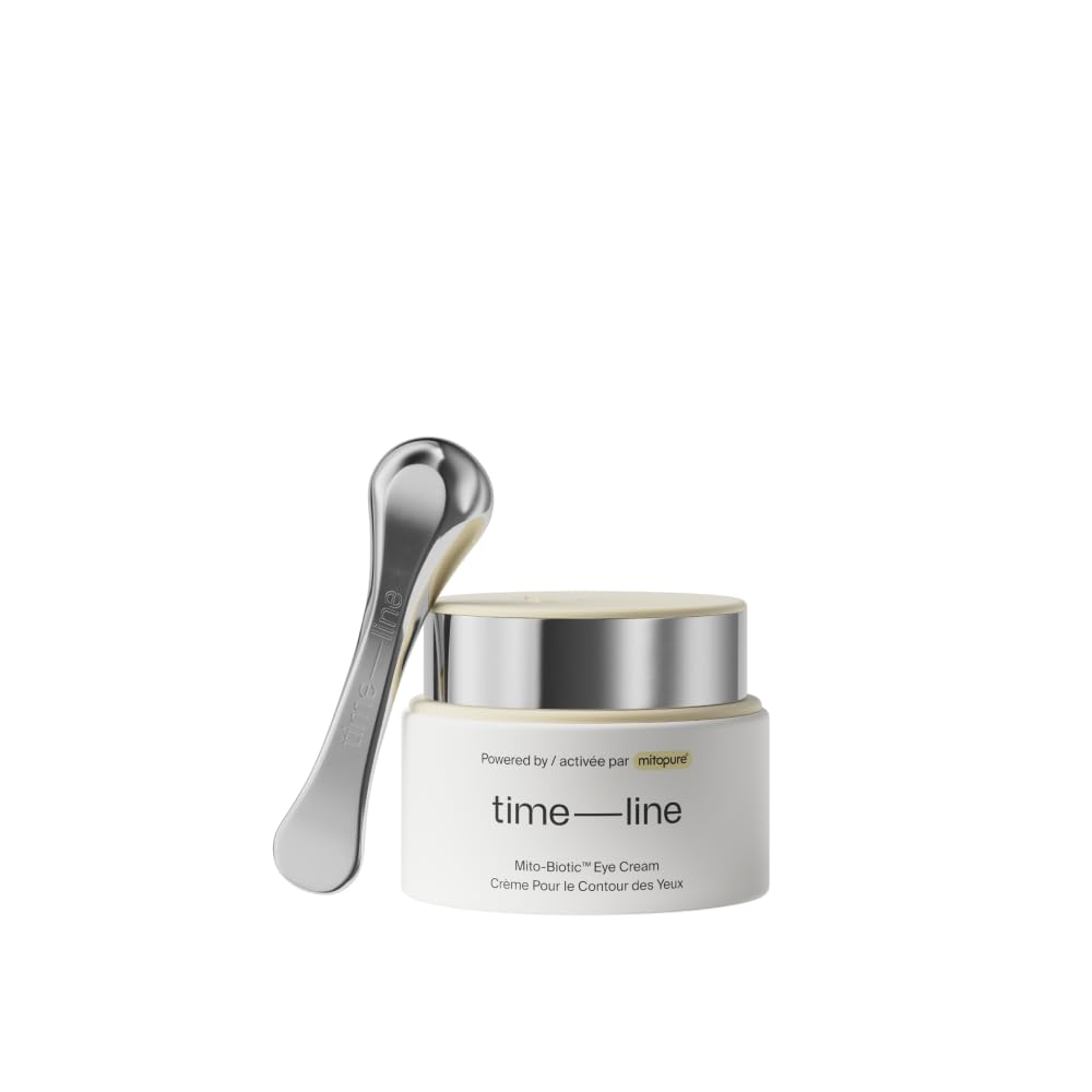 Timeline Mitopure eye cream jar front view shows compact travel-friendly packaging and clarity
