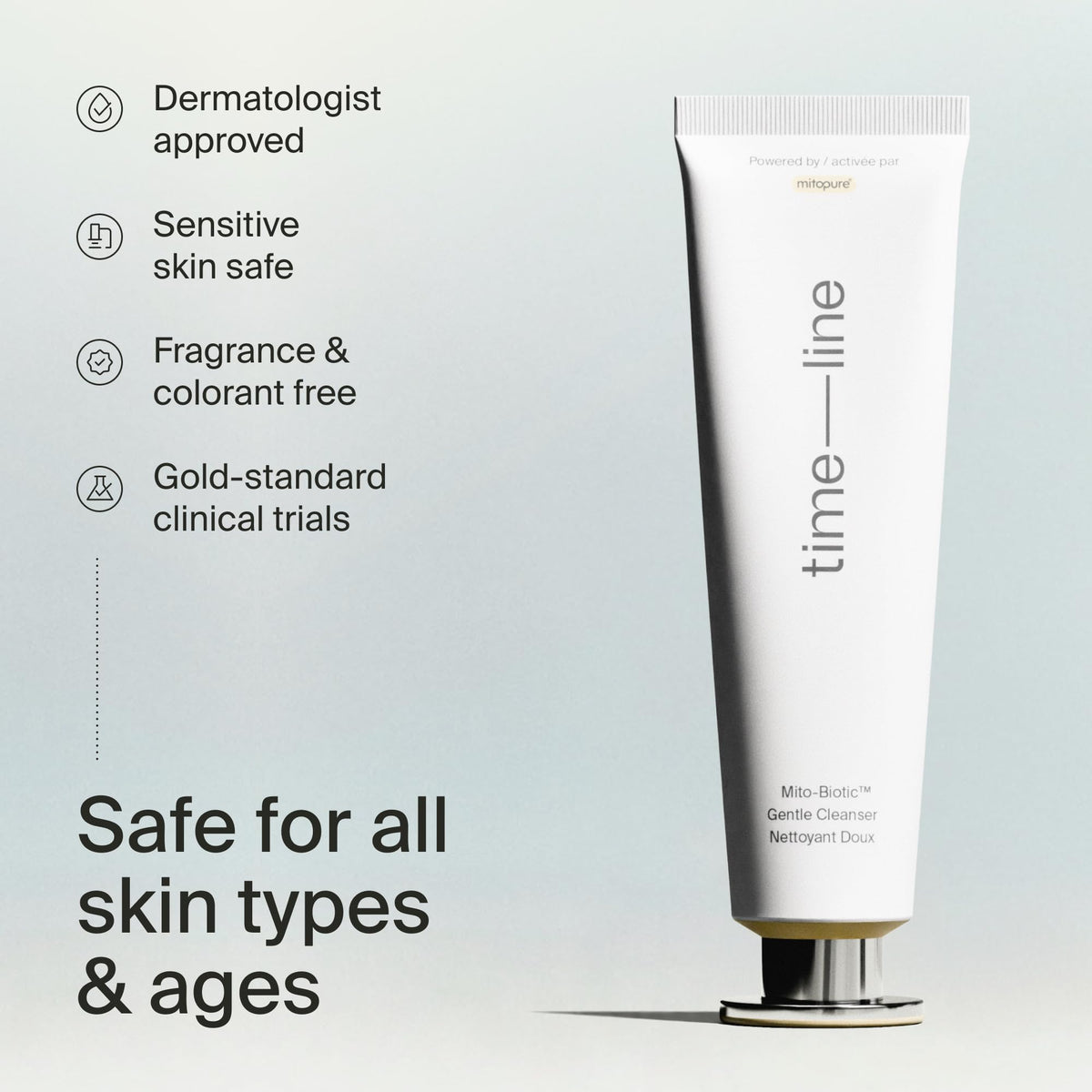 Timeline cleanser on bathroom shelf in routine promoting daily use convenience