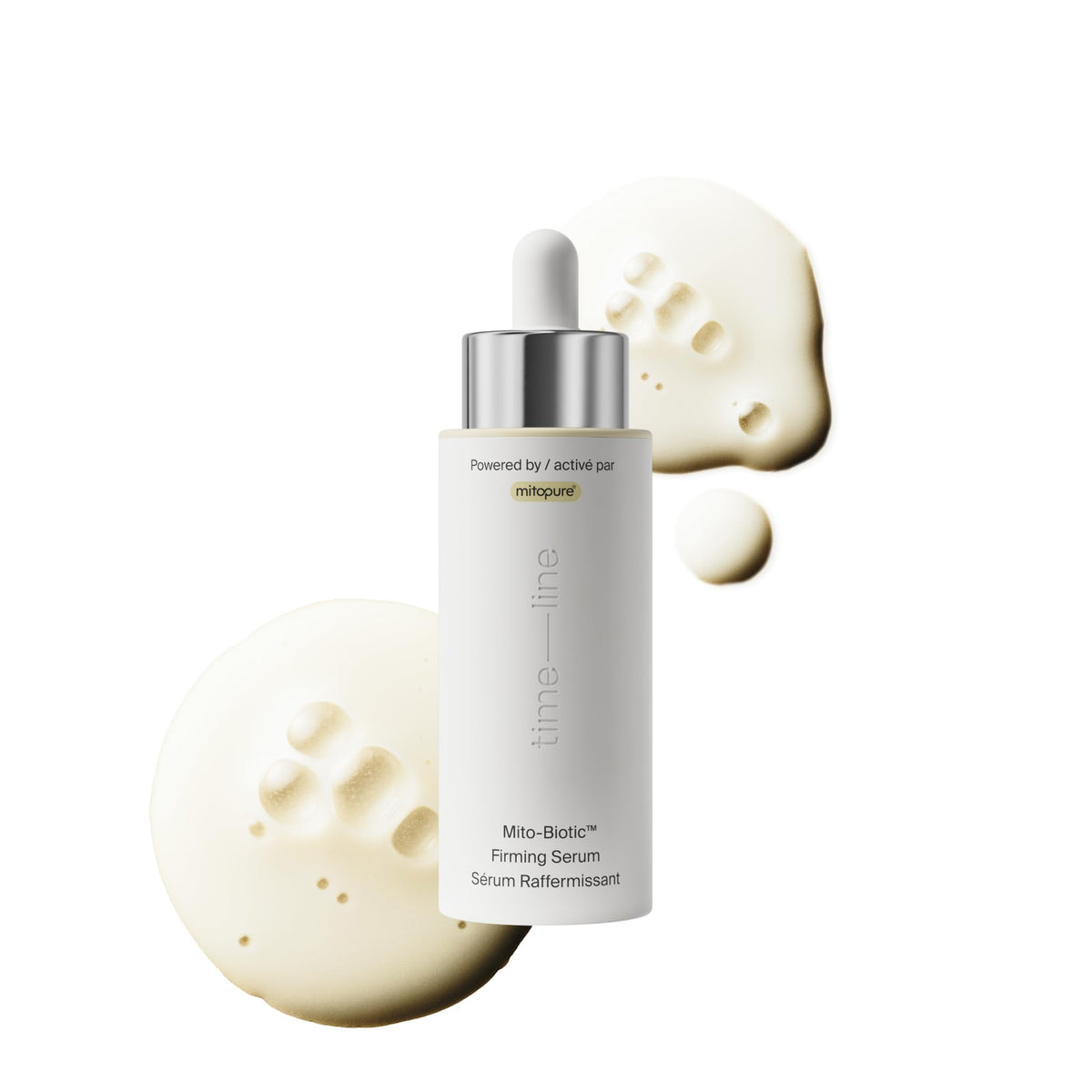 Timeline bottle front packaging showing clean label and firming serum benefits