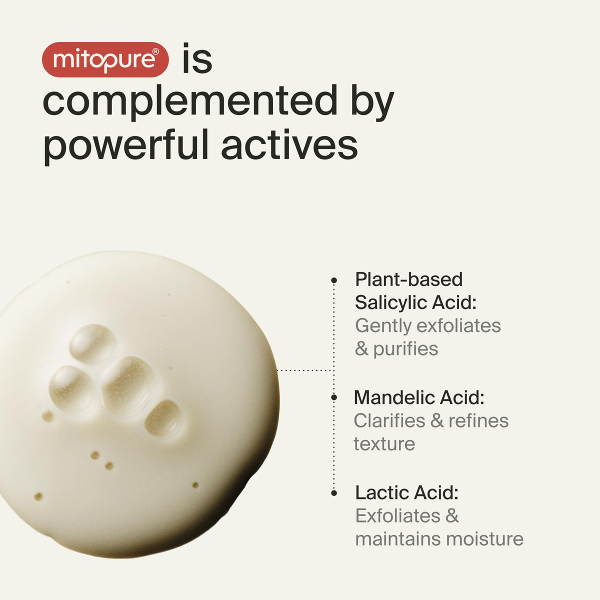 Timeline Mitopure exfoliant on fingertips, illustrates spreadability and lightweight feel