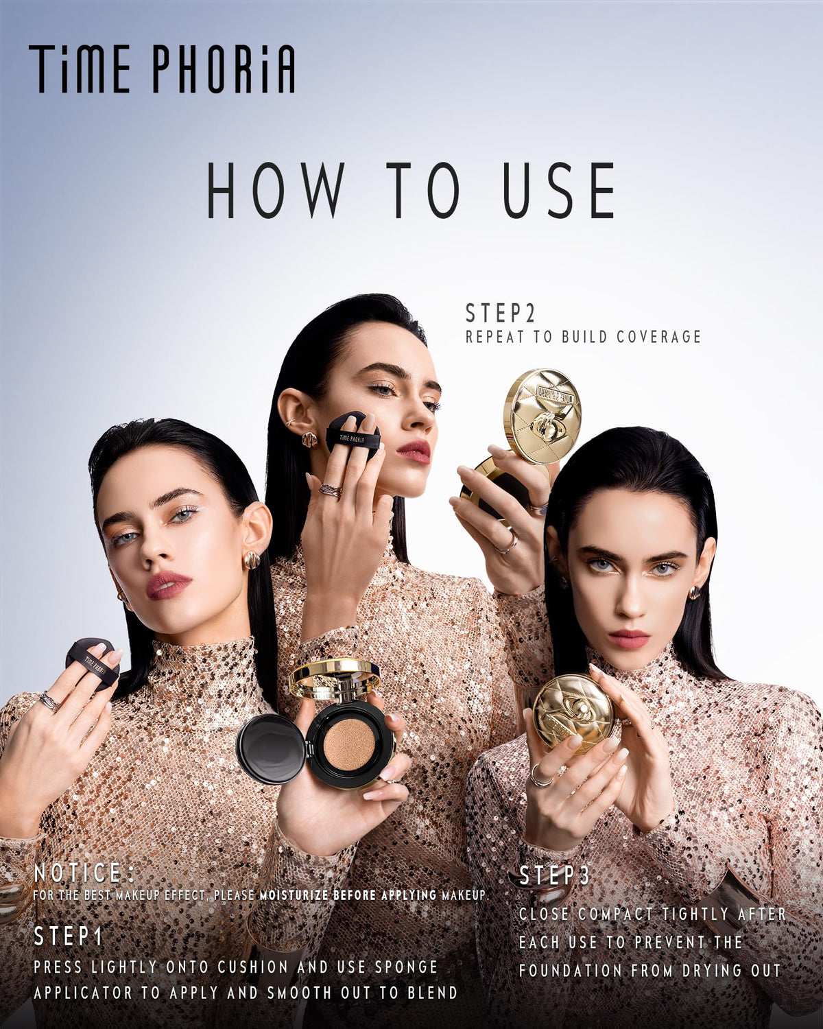 TIMEPHORIA before and after on face showing visible pore blur and radiant finish benefit