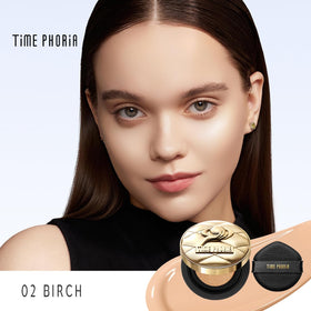 TIMEPHORIA open compact with cushion puff highlighting easy application benefit