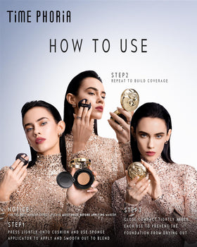 TIMEPHORIA compact inside bag beside mirror showing on-the-go touch-up benefit