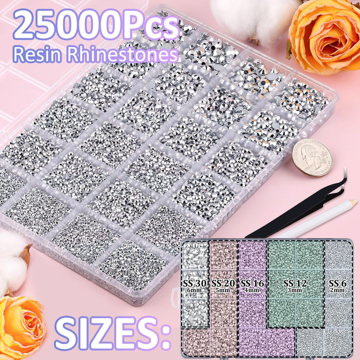 TINKRSTUFF open 24-grid box displaying organized mixed 2–6mm rhinestone sizes for quick selection