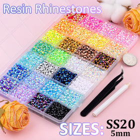 TINKRSTUFF open 28-grid organizer displaying mixed-color rhinestones for easy selection