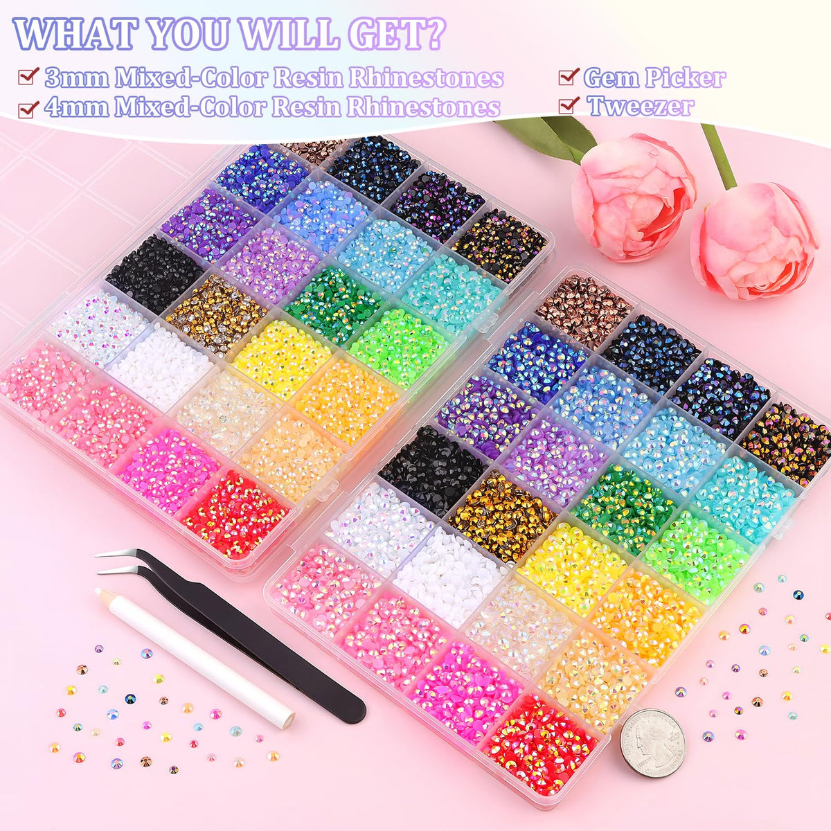 TINKRSTUFF close-up of 3mm and 4mm resin gem facets reflecting multicolor shine