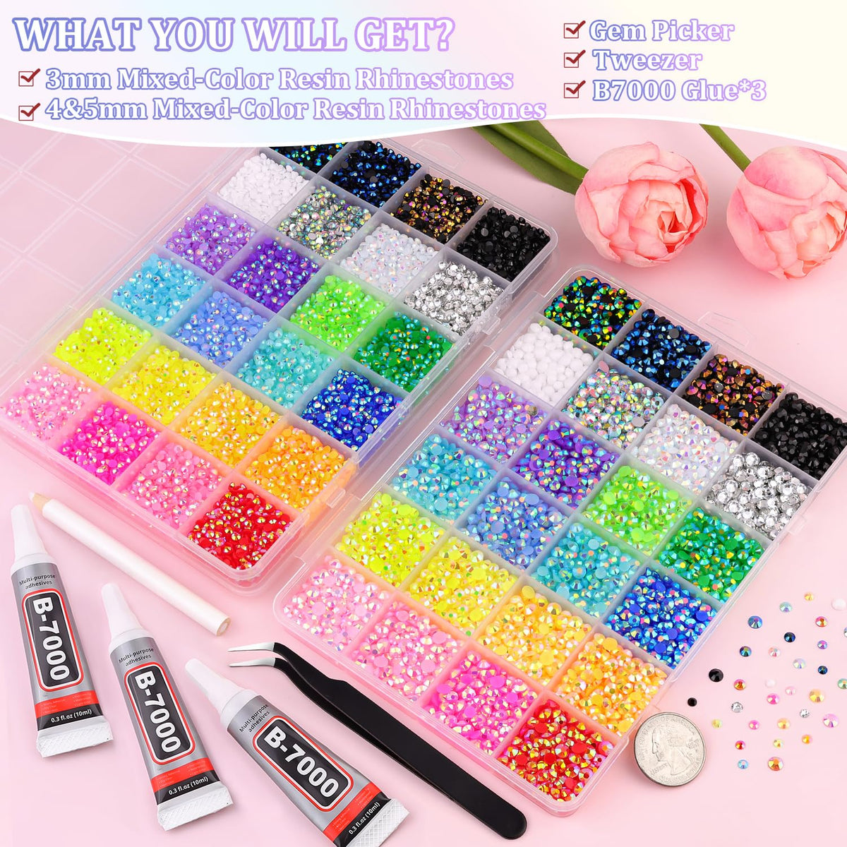 TINKRSTUFF open compartment box with sorted rhinestones helping fast selection and tidy storage