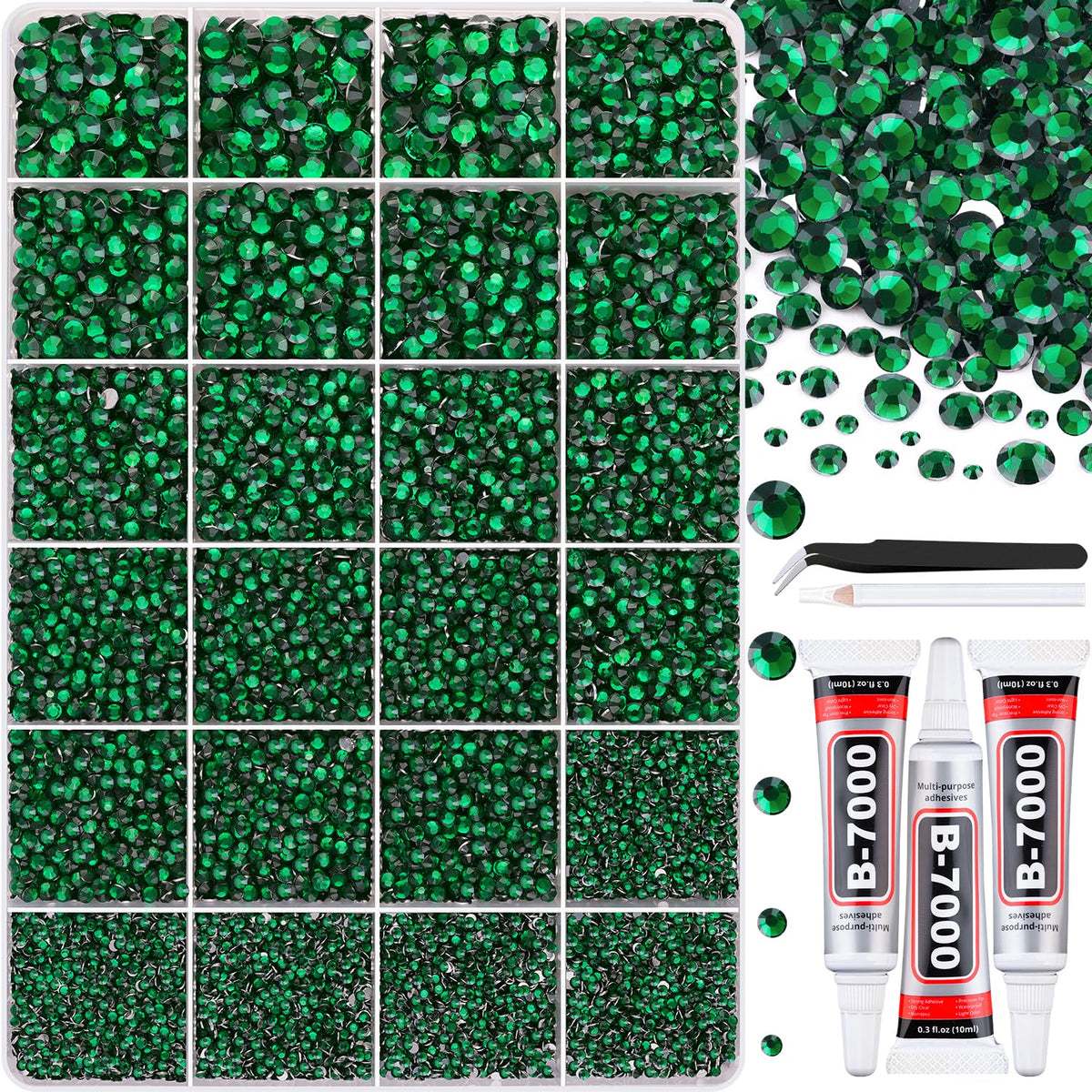 TINKRSTUFF front packaging showing emerald green rhinestones and tools, ideal for bulk crafting