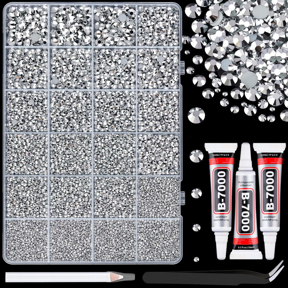 TINKRSTUFF front packaging showing 25,000 silver rhinestones and included tools for easy starting