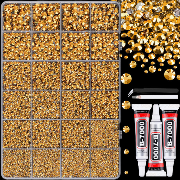 TINKRSTUFF gold rhinestones box front showing organized compartments and quantity benefit