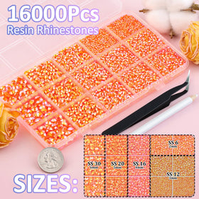 TINKRSTUFF open compartment box with organized mixed-size orange AB gems for efficient sorting