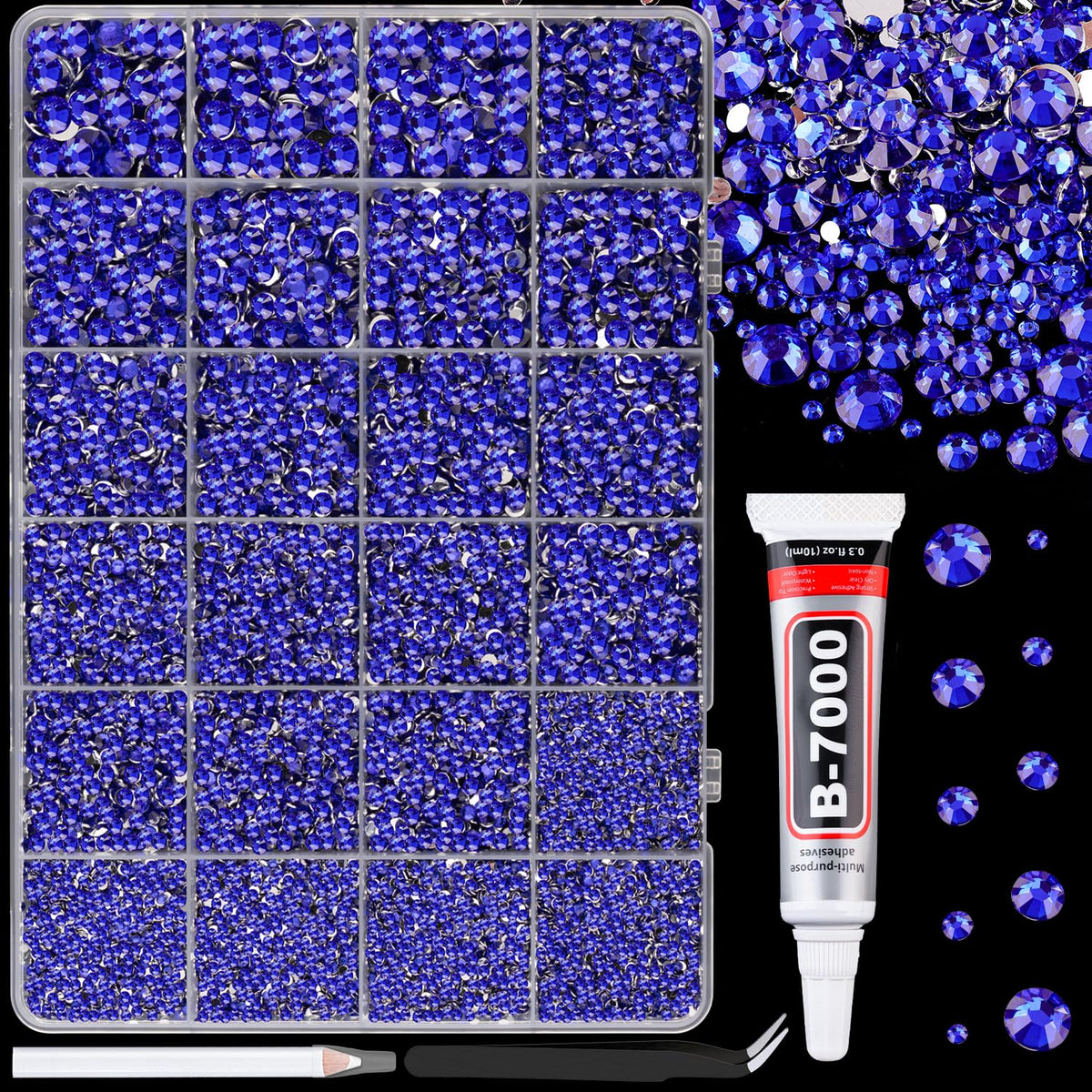 TINKRSTUFF front view of 24-grid box showing royal blue rhinestones and included tools, organized for easy access