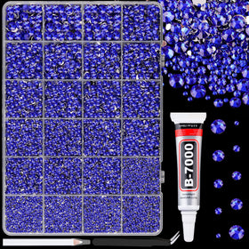TINKRSTUFF front view of 24-grid box showing royal blue rhinestones and included tools, organized for easy access