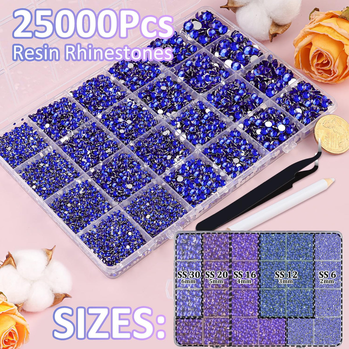 TINKRSTUFF close-up of royal blue rhinestone facets showing bright sparkle and clear-cut edges for visual impact