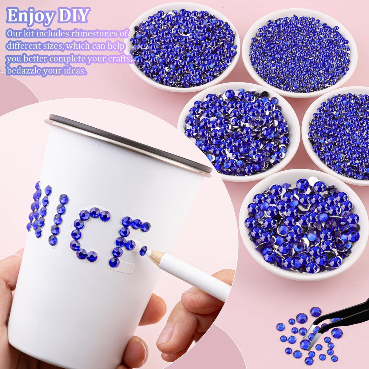 TINKRSTUFF hand holding mixed 2–6mm royal blue rhinestones showing scale and size variety for detailed work