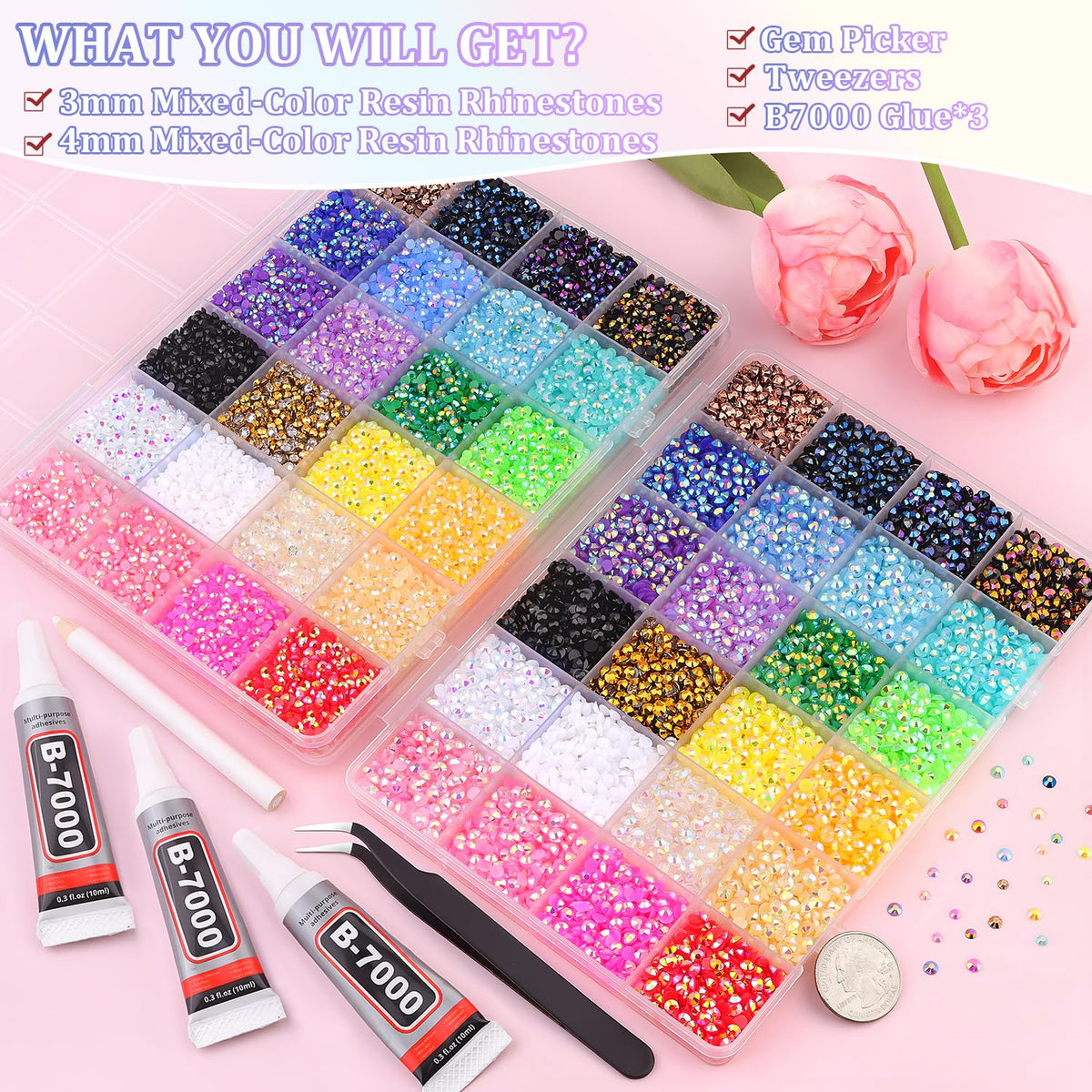 TINKRSTUFF open storage box with 24 grids displaying mixed-color rhinestones for easy access