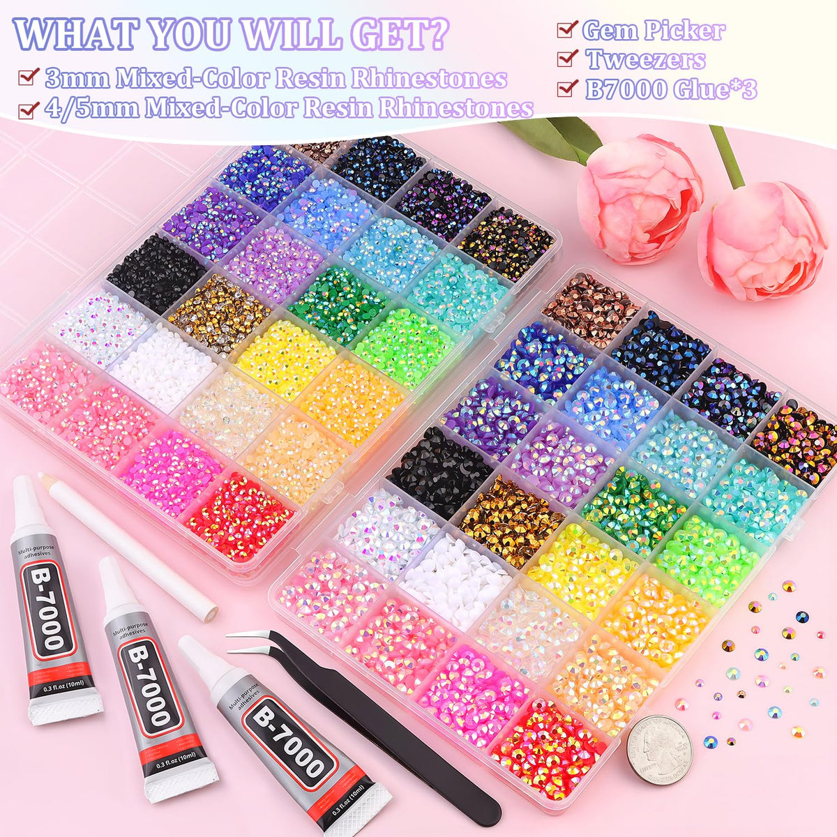 TINKRSTUFF organized compartments with mixed-color rhinestones for efficient crafting