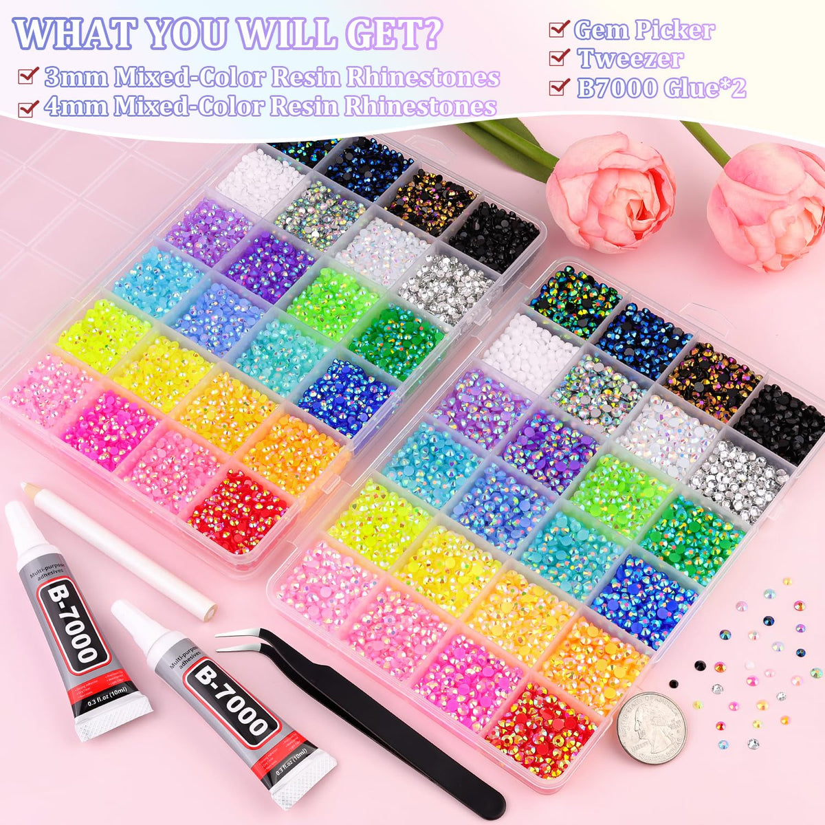 TINKRSTUFF open storage grid with sorted multicolor rhinestones for easy access