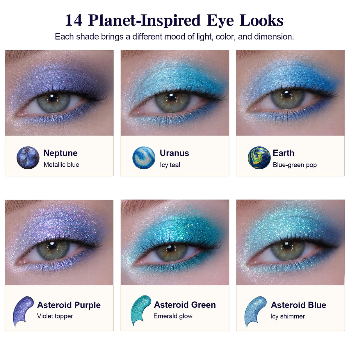 Tintark applied on model eye illustrating blendable mattes and striking metallics