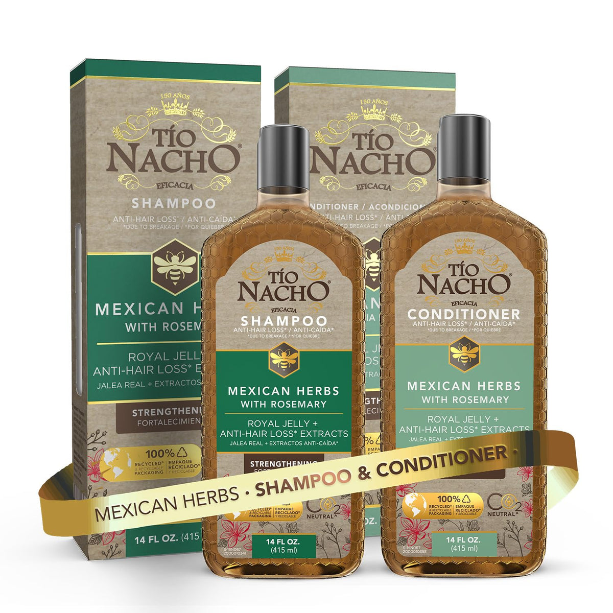 Tío Nacho front packaging set showing both bottles and benefits